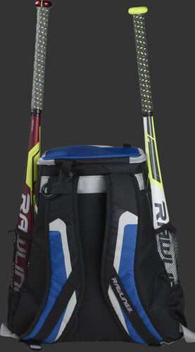 Back of a black/royal R500 team backpack with two bats in the side sleeves