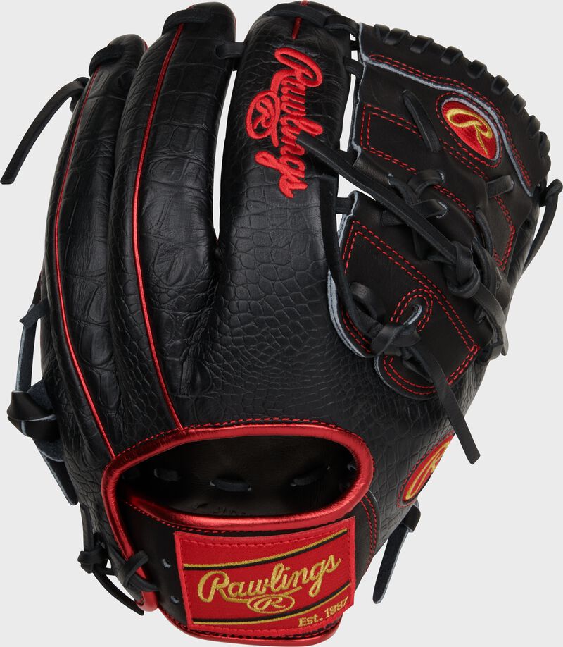 Black croc embossed back of a Heart of the Hide R2G 2-piece solid web glove with a red Rawlings patch - SKU: RPROR205-9BCS