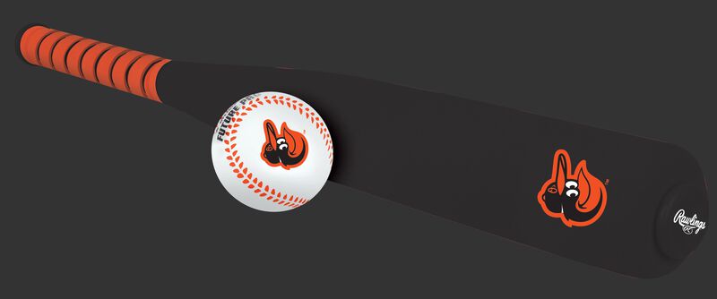 Side of Rawlings Baltimore Orioles Foam Bat and Ball Set in Team Colors With Team Name and Logo On Front SKU #01860018111