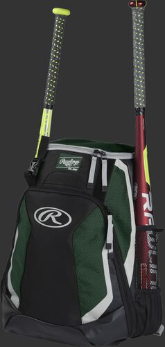 Left side of a black/dark green R500 baseball backpack with a red bat in the side sleeve