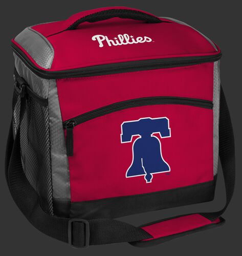 A red Philadelphia Phillies 24 can soft sided cooler with screen printed team logos - SKU: 10200020111