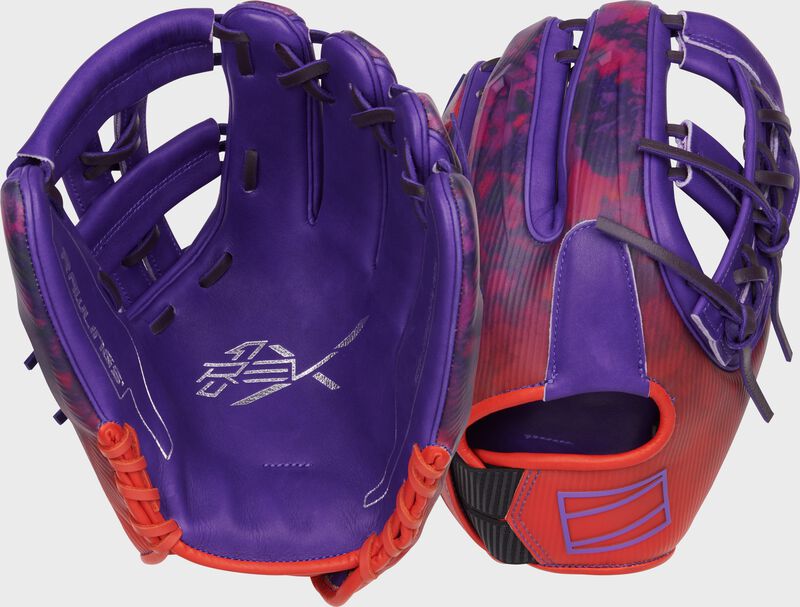 Two images showing the palm & back of a purple/orange Rawlings REV1X Francisco Lindor Infield glove