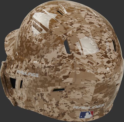 Back left of a MACHEXTR-DCMO Rawlings Mach EXT hydro dipped baseball helmet for right hand batters