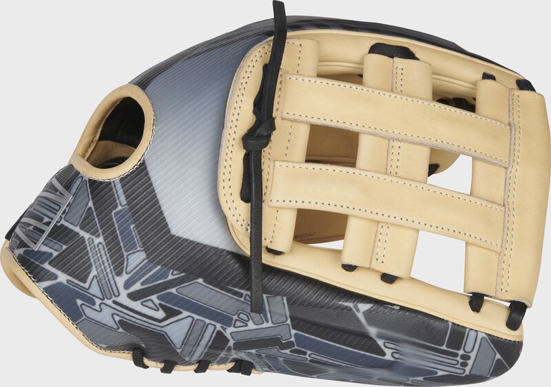 Web back view of camel and black 2022 REV1X 12.75-inch outfield glove