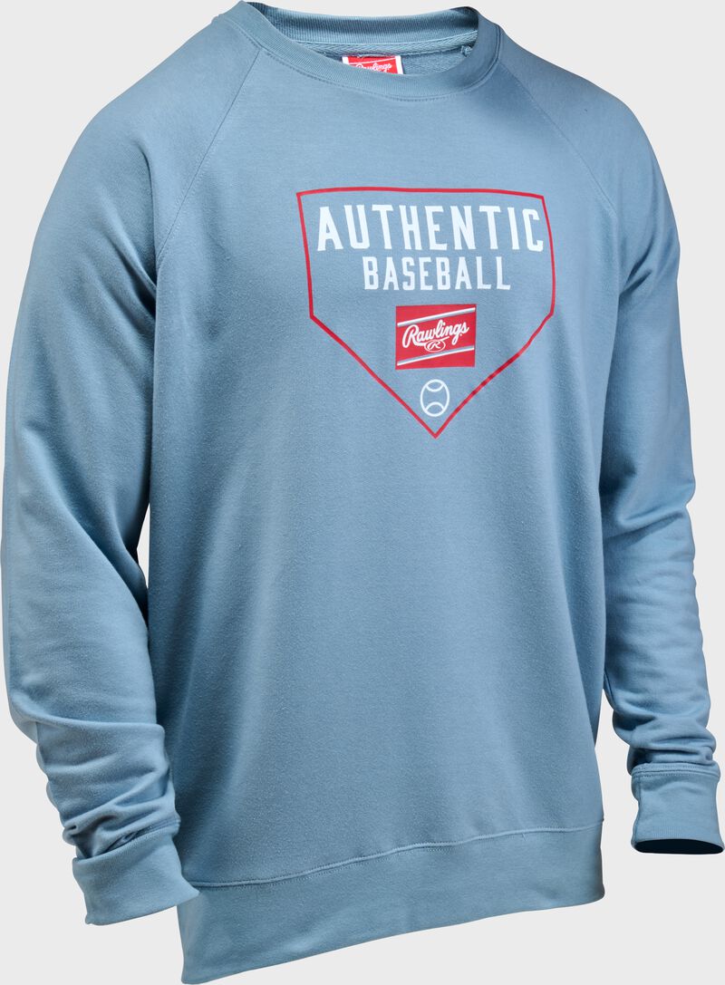 Front right angle of a light blue Rawlings Authentic Baseball crew neck sweatshirt loading=