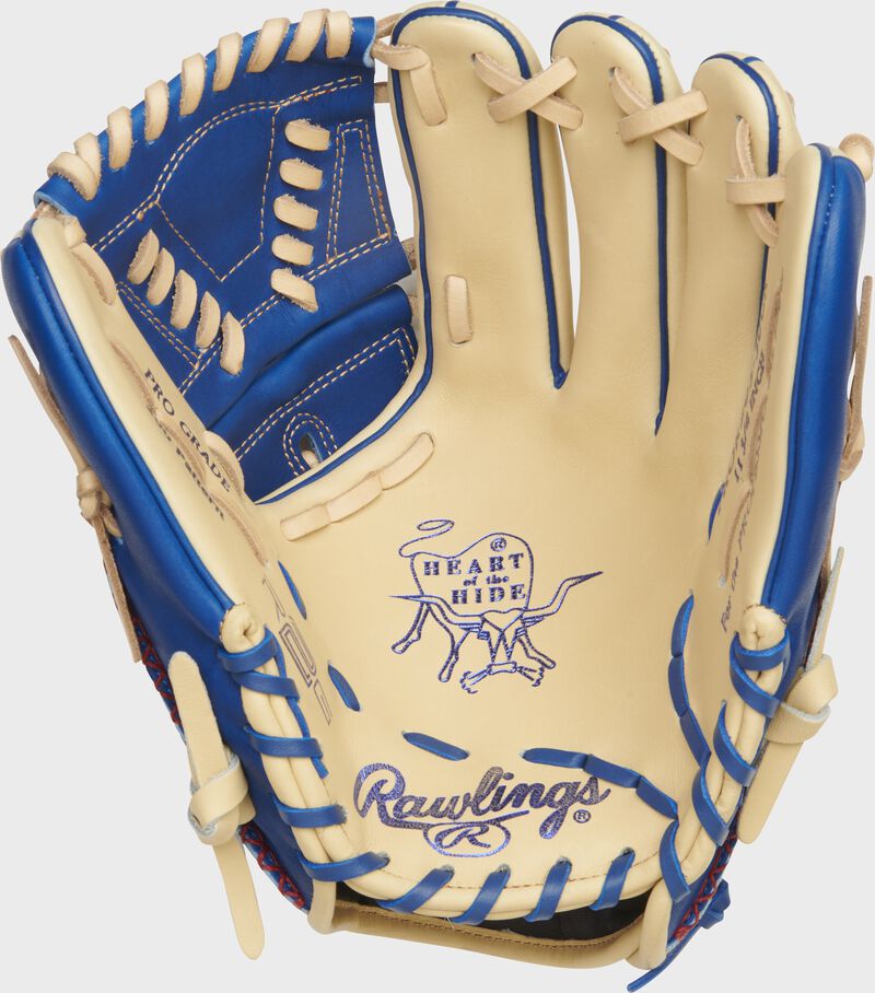 Camel palm of a Rawlings HOH R2G infield/pitcher's glove with royal palm stamp and camel laces - SKU: PROR205-30CR