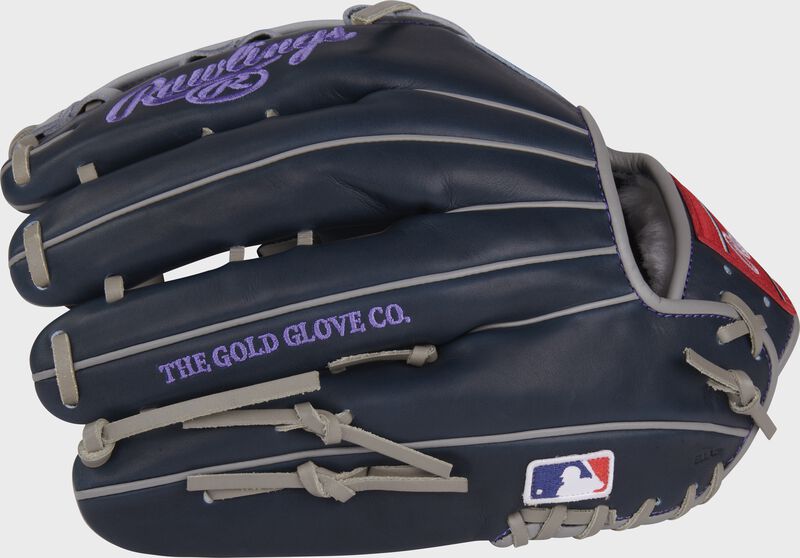 Navy back of an Aaron Judge Pro Preferred outfield glove with the MLB logo on the pinky - SKU: PROS3039-6AJ loading=