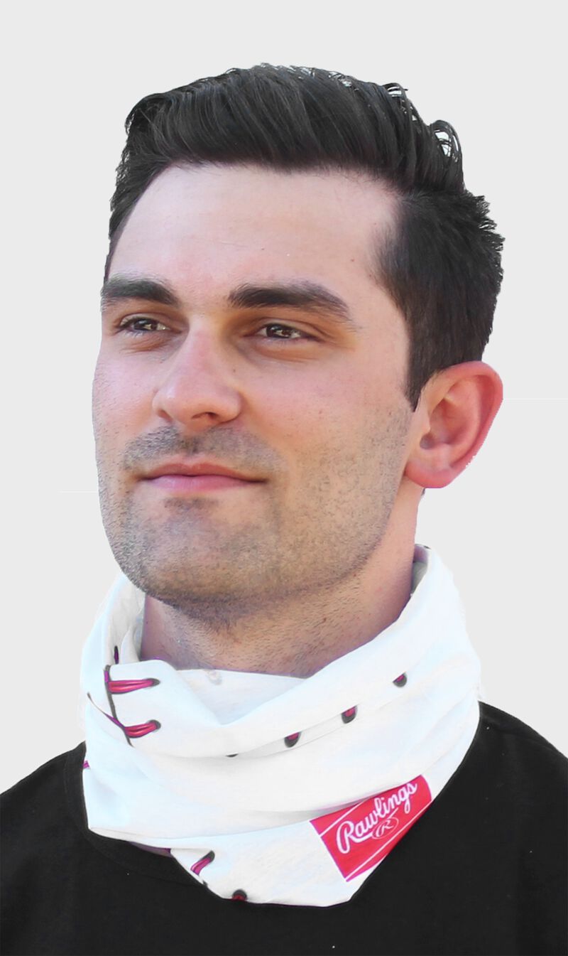 A guy wearing a Rawlings baseball stitch gaiter around his neck - RC40001-100 loading=