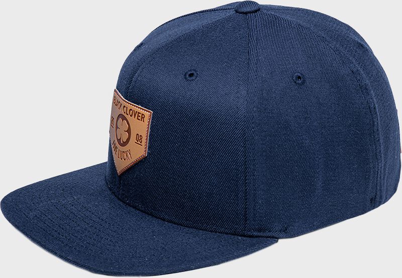 Left-side view of Rawlings Black Clover Leather Patch Flat Bill Hat - SKU: BC0LPF0071