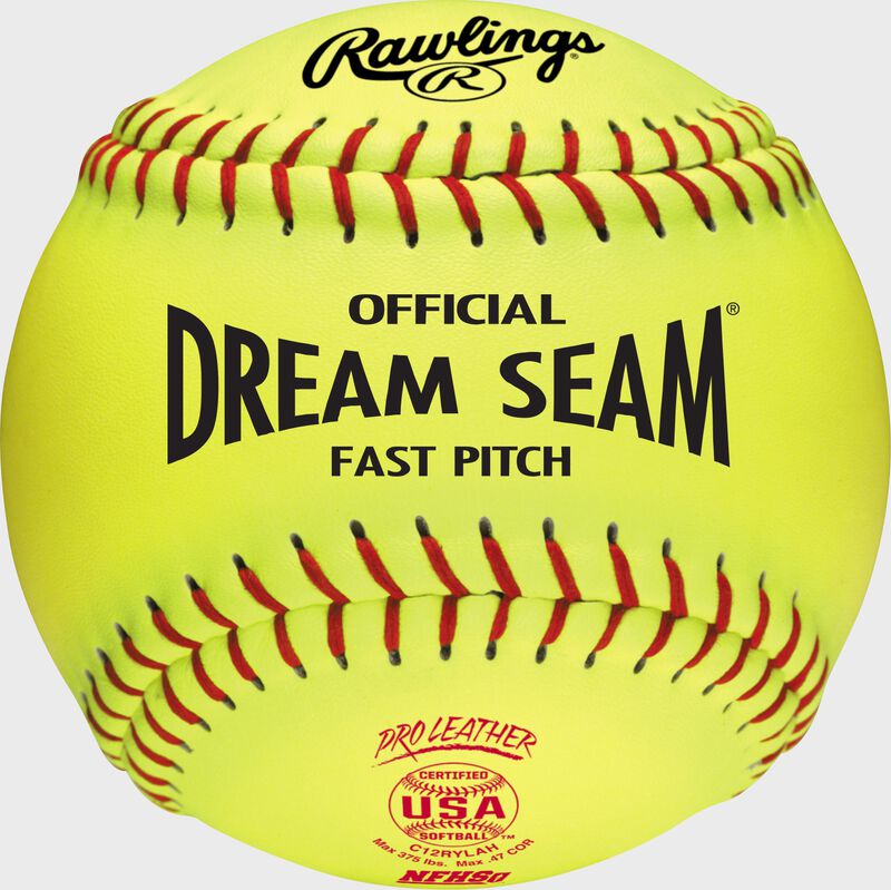 A yellow NFHS 12" softball with red seams - SKU: AMAC12RYLAHBOX3 loading=