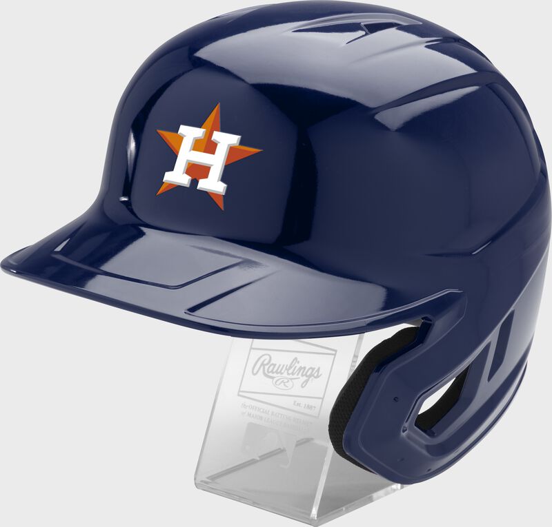 Front left of a navy Rawlings Houston Astros replica helmet - SKU: MLBMR-HOU