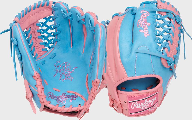 2 views showing the palm/back of a Columbia blue/pink Heart of the Hide 11.5" IF/P glove - SKU: RPROR204-4CBP loading=
