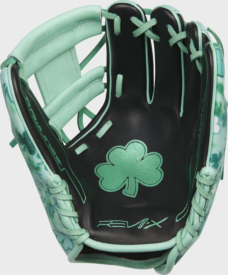 Black palm of a Rawlings REV1X Lucky glove with a green clover stamped in the palm - SKU: REV204-2XL