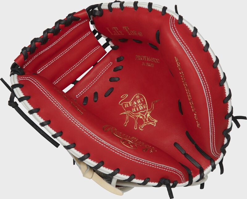PROYM4SCC Rawlings ColorSync 4.0 catcher's mitt with a scarlet palm and black laces