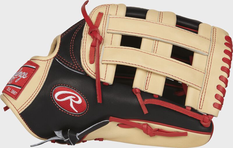 Thumb view of a PROBH34 Heart of the Hide Bryce Harper 13-inch Game Day glove with a camel H web
