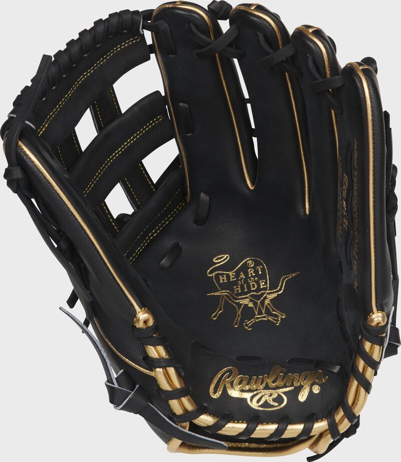 Black palm of a Rawlings Heart of the Hide Ender Inciarte outfield glove with gold stamping and black laces - SKU: RSGPRO3039-EI11