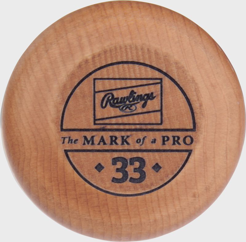 Knob of a 33" Rawlings Pro Preferred OA1 maple wood baseball bat