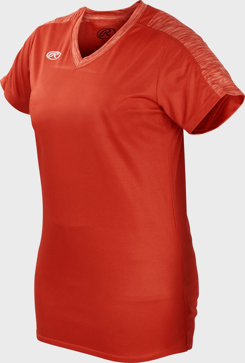 Front of Rawlings Women's Bright Orange Adult Short Sleeve Launch Jersey  - SKU #WLNCHJ-BO