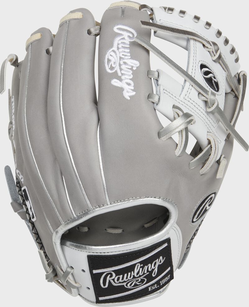 Back of a gray Heart of the Hide R2G 11.5-Inch I-web glove with a black Rawlings patch - SKU: RSGPROR204-2GWP loading=