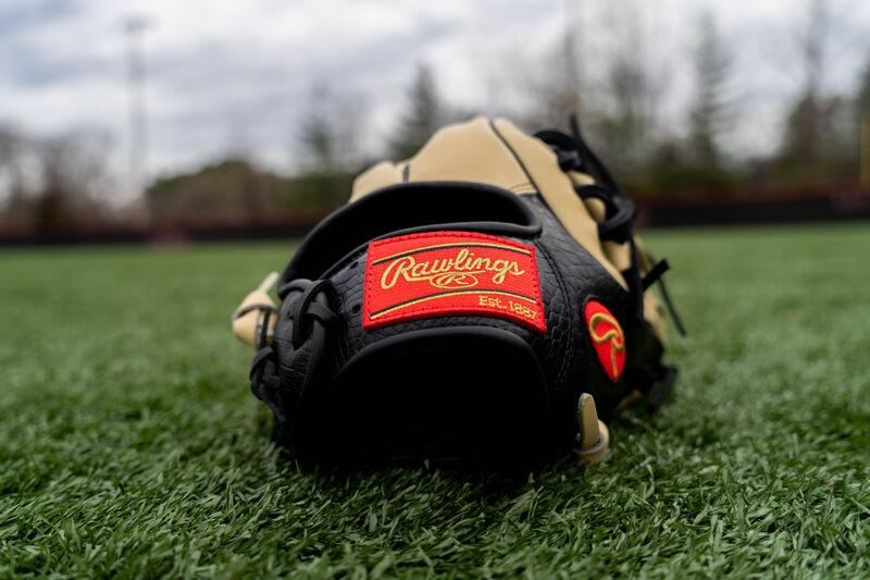 Red Rawlings patch on a Heart of the Hide Croc infield glove on a field - SKU: PRO314-7BCC loading=