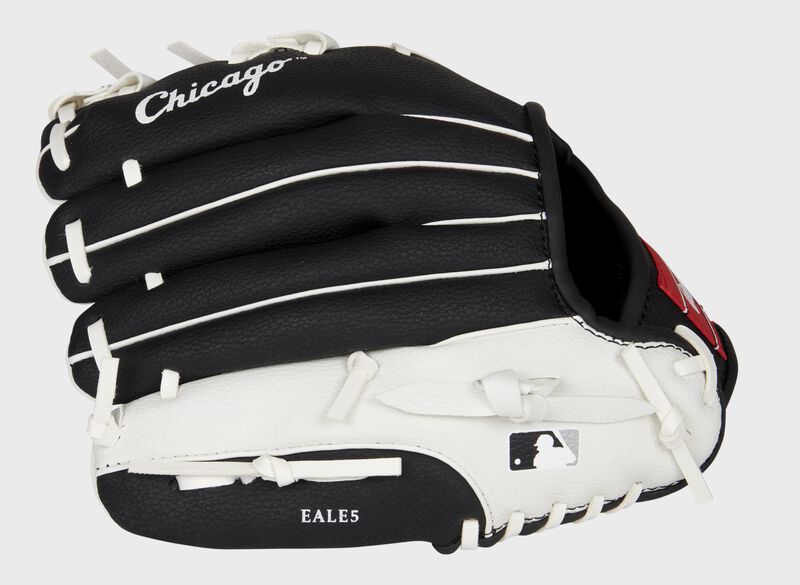Back of a black/white Chicago White Sox 10-inch youth glove with the MLB logo on the pinky - SKU: 22000029111