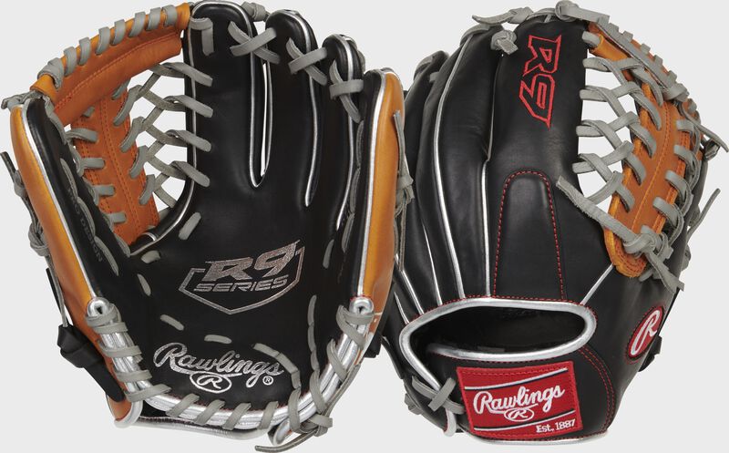 Front & Back of a Rawlings R9 ContoUR 11.5" baseball glove - SKU: R9115U-4BT