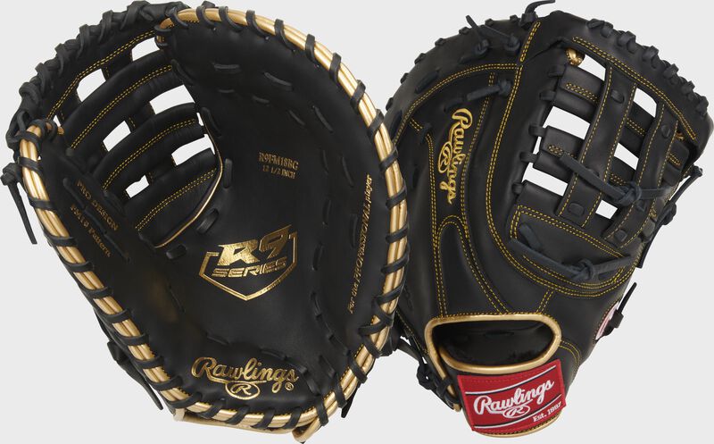 Two images showing the palm & back of a black R9 Series 12.5" first base mitt