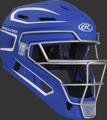 Front right of a royal CHV27J Rawlings Velo 2.0 catcher's helmet