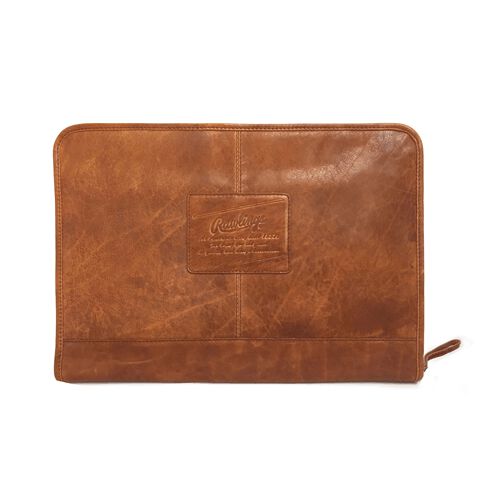A tan rugged portfolio with a leather Rawlings patch logo in the middle - SKU: V614-202
