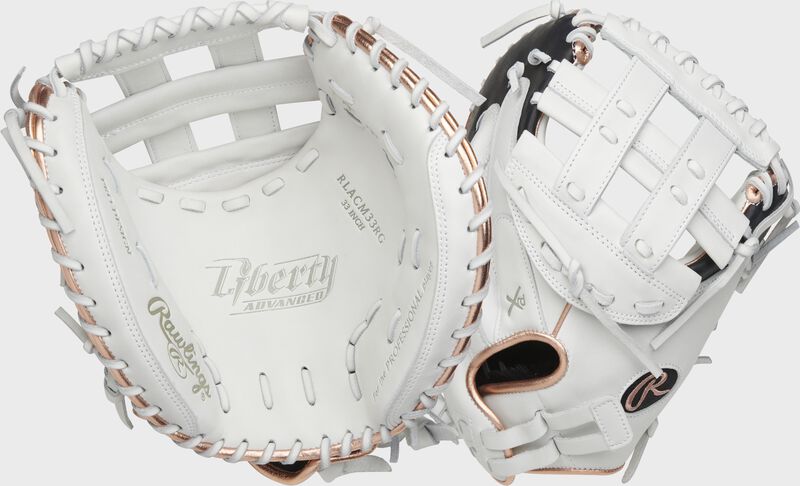 Two images showing the palm & back of a white Liberty Advanced 33" catcher's mitt