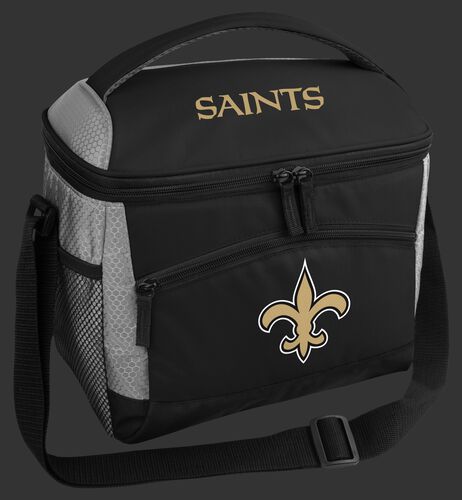 A black New Orleans Saints 12 can soft sided cooler with a team logo on the front - SKU: 10111077111
