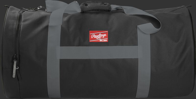 A black Throwback XL duffle bag with gray straps and a red Rawlings patch - SKU: THRBXL-B