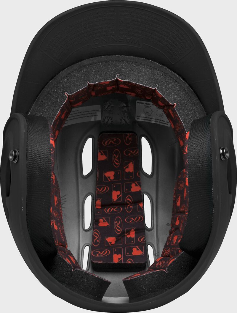 Inside view of Black Rawlings Velo Matte Batting Helmet - SKU: R16M