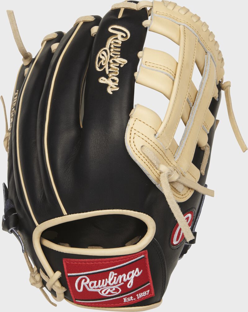 PROR207-6BC Rawlings H web outifield glove with a black back and camel welting