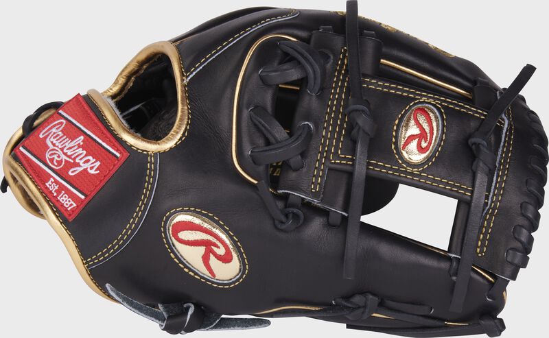 Thumb of a black JP Crawford Gameday 57 Pro Preferred infield glove with a Pro I-web and gold oval-R - SKU: RPROS2175-2JC-RHT