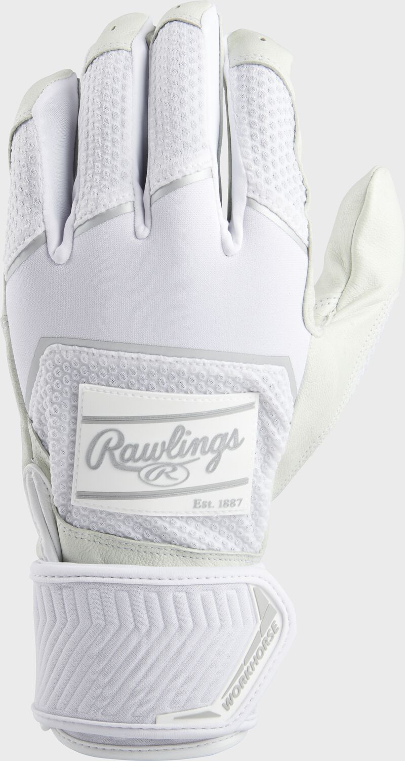 Back of a white 2022 Workhorse compression strap batting glove with a white Rawlings patch - SKU: WH2CBG-W