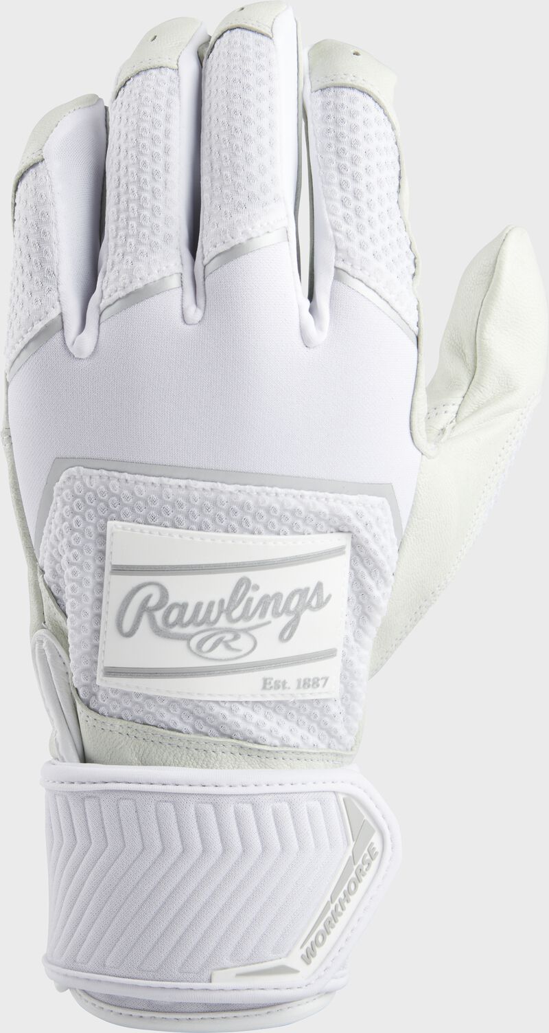 Back of a white 2022 Workhorse compression strap batting glove with a white Rawlings patch - SKU: WH2CBG-W image number null
