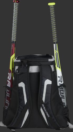 Back of a black R500 team backpack with two bats in the side sleeves