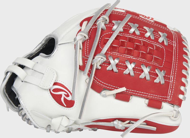 Thumb of a white/scarlet 2022 Liberty Advanced Color Series 12.5-Inch fastpitch glove with a scarlet x-laced basket web - SKU: RLA125-18WSP
