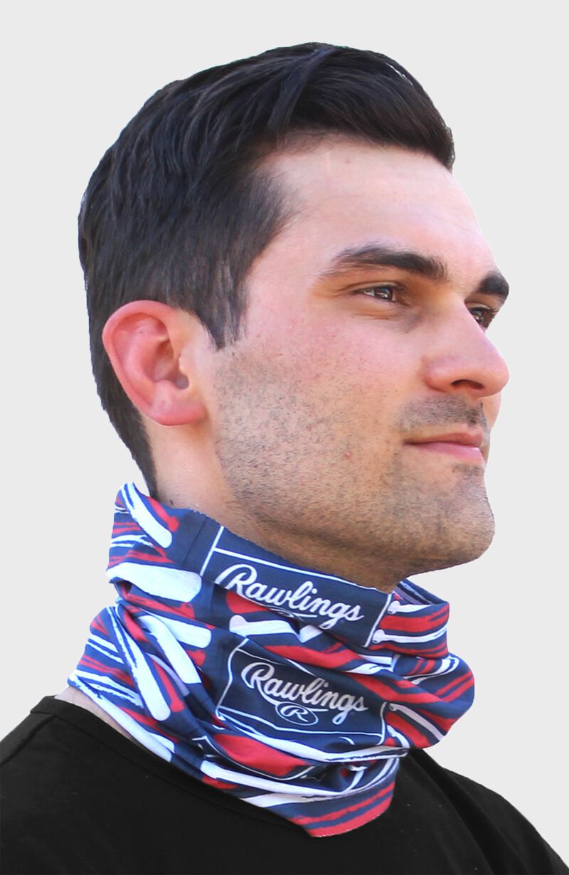 Front right-side view of Rawlings Adult Multi-Functional Head and Face Gear, Flag & Bats on neck - SKU: RC40003-999