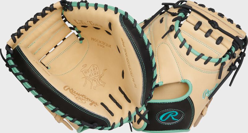 2 images showing the palm and back of a camel Heart of the Hide 33" catcher's mitt - SKU: PROCM33CBM