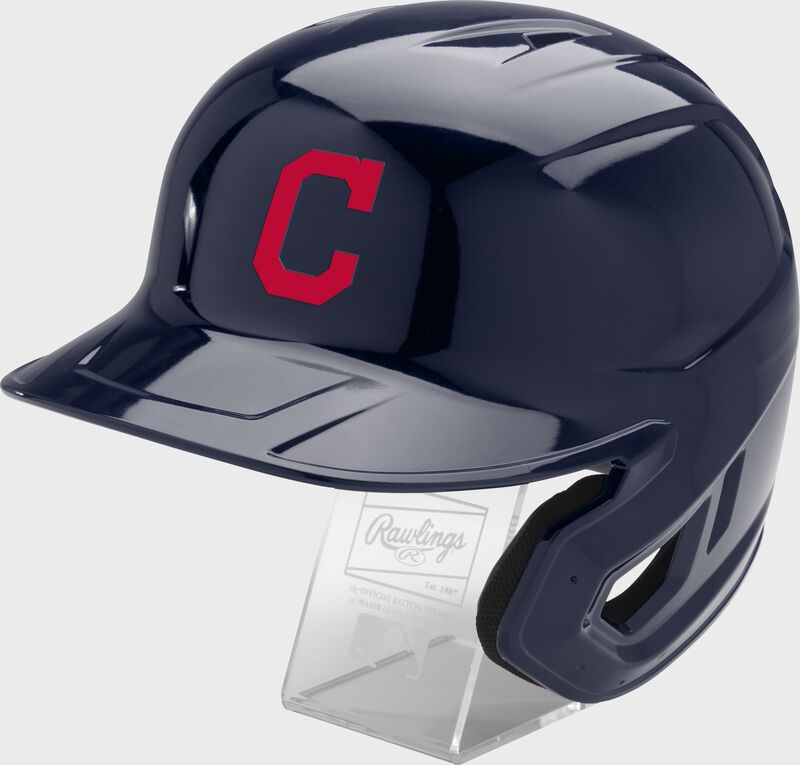 Front left of a navy Rawlings Cleveland Guardians replica helmet - SKU: MLBMR-CLE