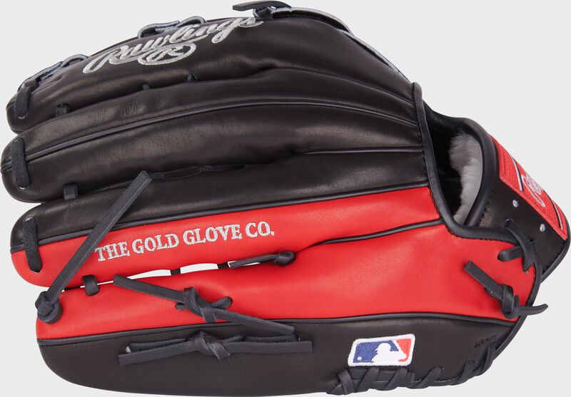 Black back of a Corbin Carroll Pro Preferred outfield glove with a scarlet stripe and MLB logo on the pinky - SKU: PROS3039-CC7