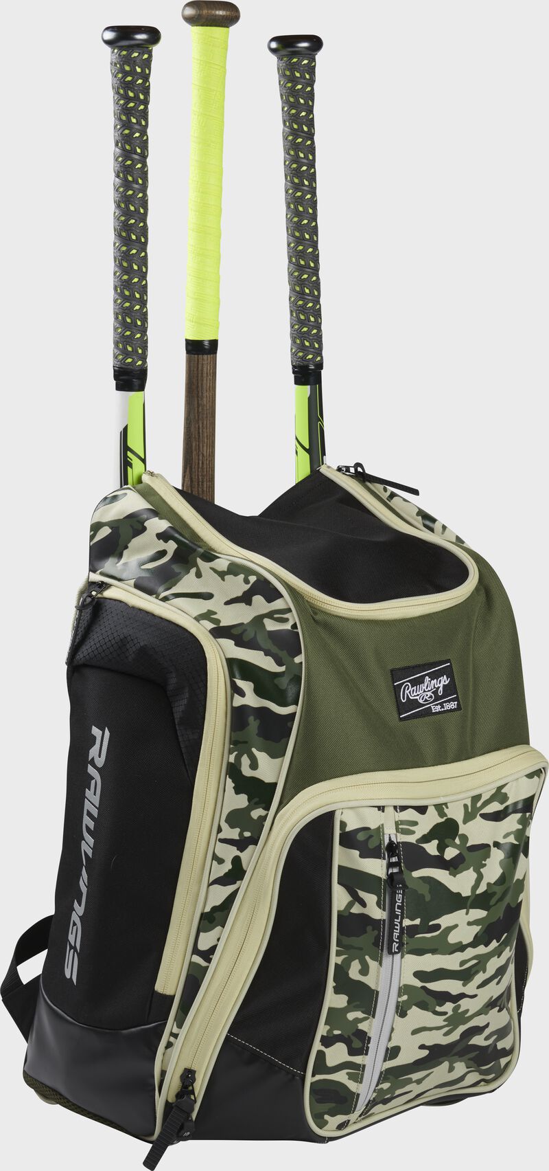 Front angle view of a Rawlings Legion bag with 3 bats in the back - SKU: LEGION-CAMO