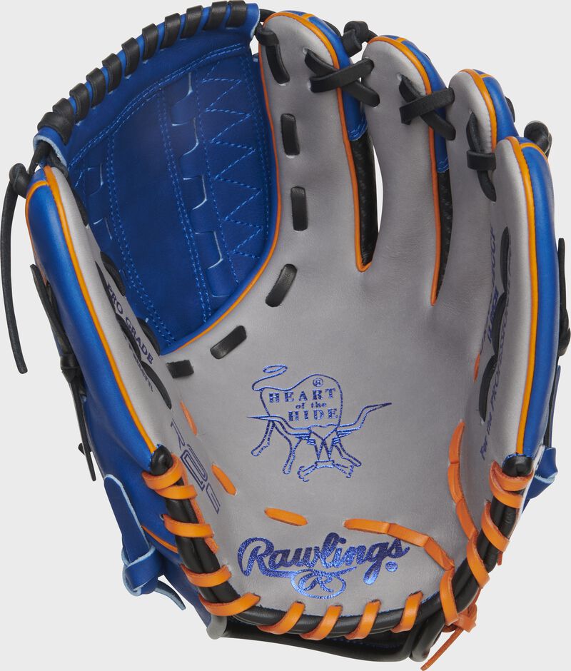 Gray palm of a Rawlings Heart of the Hide R2G glove with orange & royal laces - SKU: PROR206-12GCF loading=