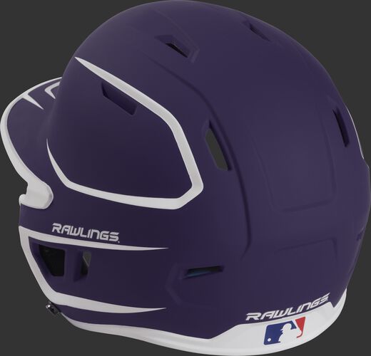 Back left view of a matte purple/white MACH series batting helmet with air vents