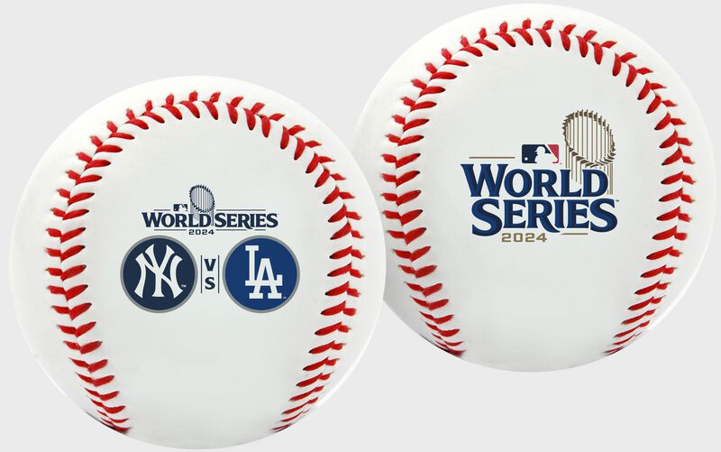 Two images showing the different sides of a 2024 World Series Dueling replica baseball