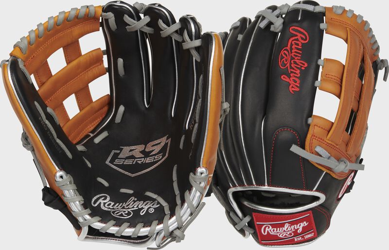 Front & back of a Rawlings R9 ContoUR 12" baseball glove - SKU: R9120U-6BT