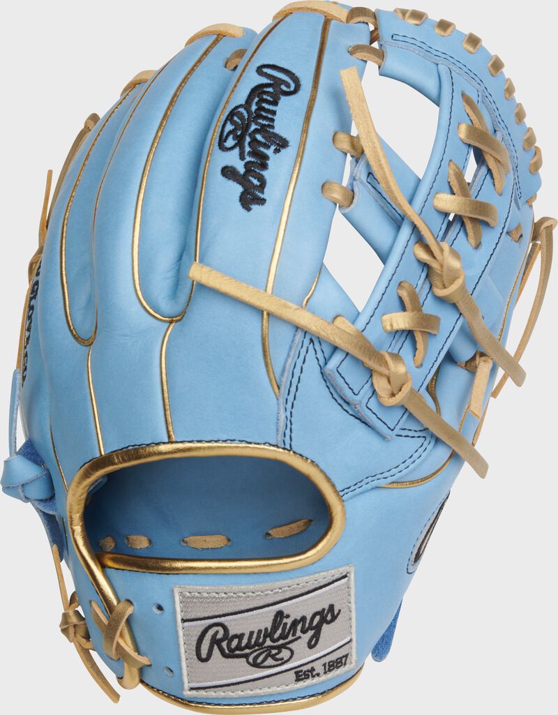 Columbia blue back of a Heart of the Hide R2G laced single post web infield glove with a gray Rawlings patch - SKU: RSGPROR934-32CBG loading=