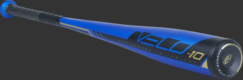 3/4 angle view of a US9V10 Rawlings Velo -10 bat with a blue barrel, black accents and black end cap